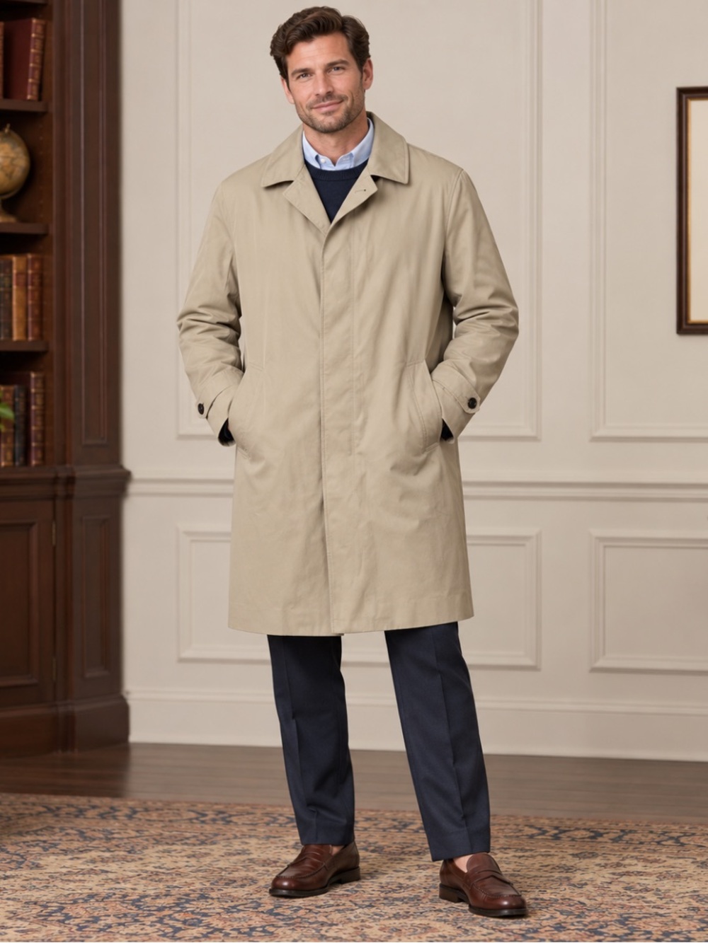 Brooks Brothers Khaki Car Coat with Removable Wool Cashmere Liner